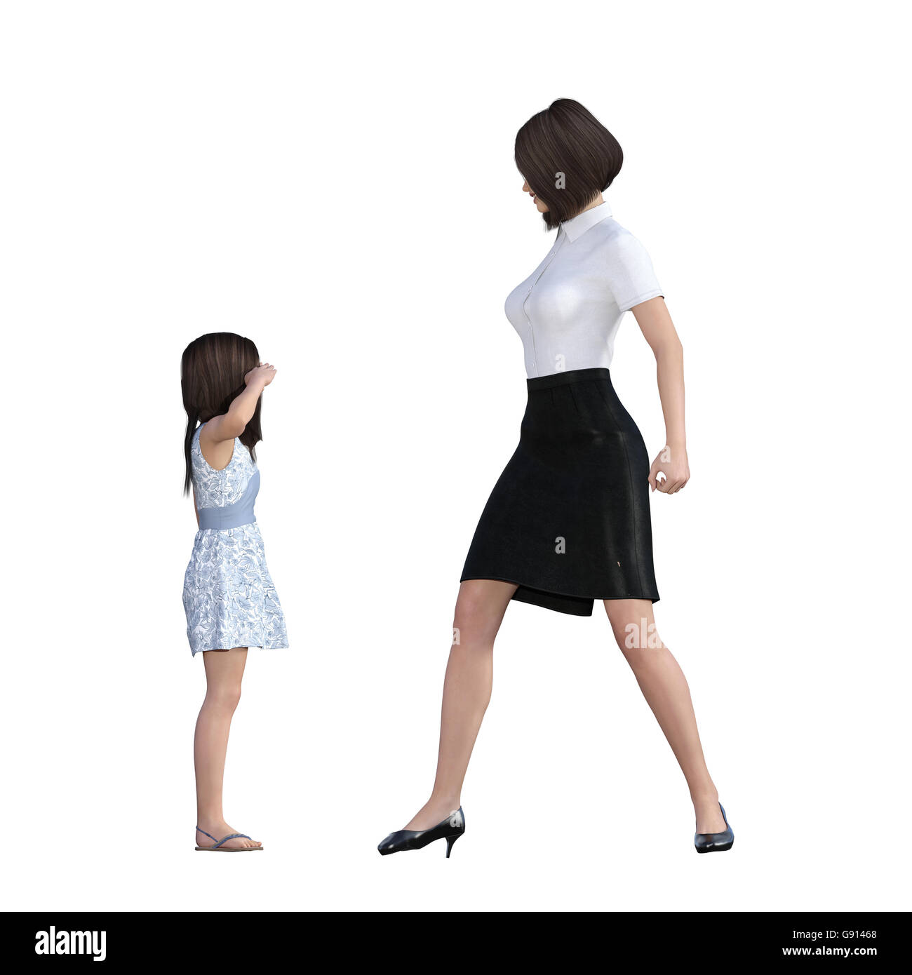 Mutter Tochter Interaktion von Mom Disziplinierung Mädchen als Illustration Konzept Stockfoto