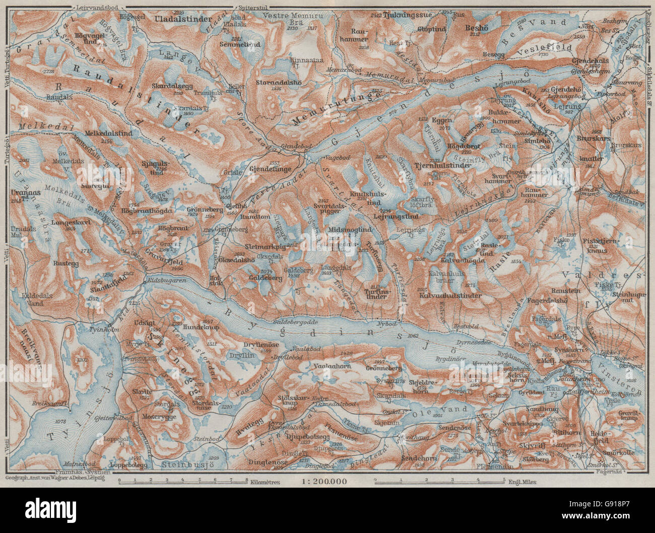 Seen, BYGDIN und GJENDE Topo-Karte. Jotunheimen. Norwegen-Kart. BAEDEKER, 1909 Stockfoto