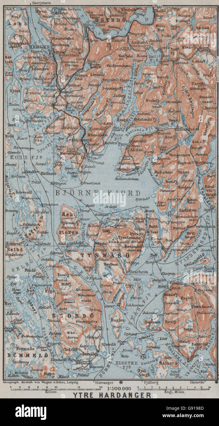 ÄUßEREN HARDANGERFJORD Topo-Karte. Bergen Stordo. Norwegen-Kart. BAEDEKER, 1909 Stockfoto