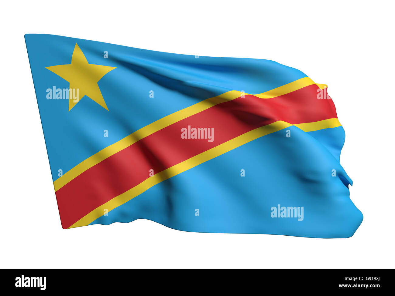 3D Rendering der Demokratischen Republik Kongo Fahnenschwingen auf weißem Hintergrund Stockfoto