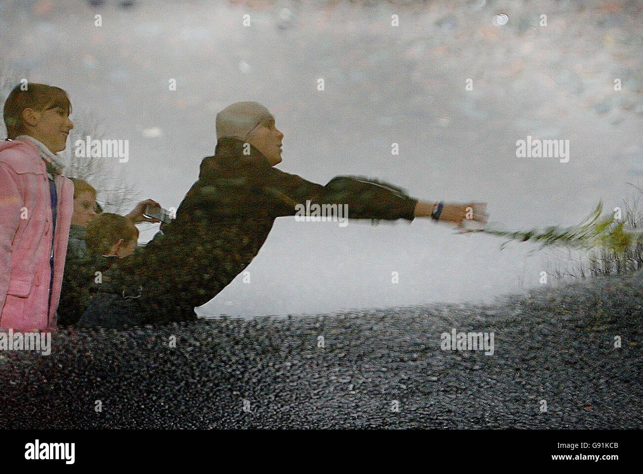 Die Reflexion eines jungen Trauers wird gezeigt, als er Blumen auf den Sarg von George Best wirft, als er am Samstag, 3. Dezember 2005, den Cemetary Ballygowan von Roselawn betrat. Die Welt des Fußballs hat heute ihre letzte Ehre erwiesen, als Best, einer der größten Spieler aller Zeiten, zur Ruhe kam. Best, 59, starb letzten Freitag im Londoner Cromwell Hospital. Siehe PA Story FUNERAL Best. DRÜCKEN SIE VERBANDSFOTO. Das Foto sollte lauten: Julien Behal/PA. Stockfoto