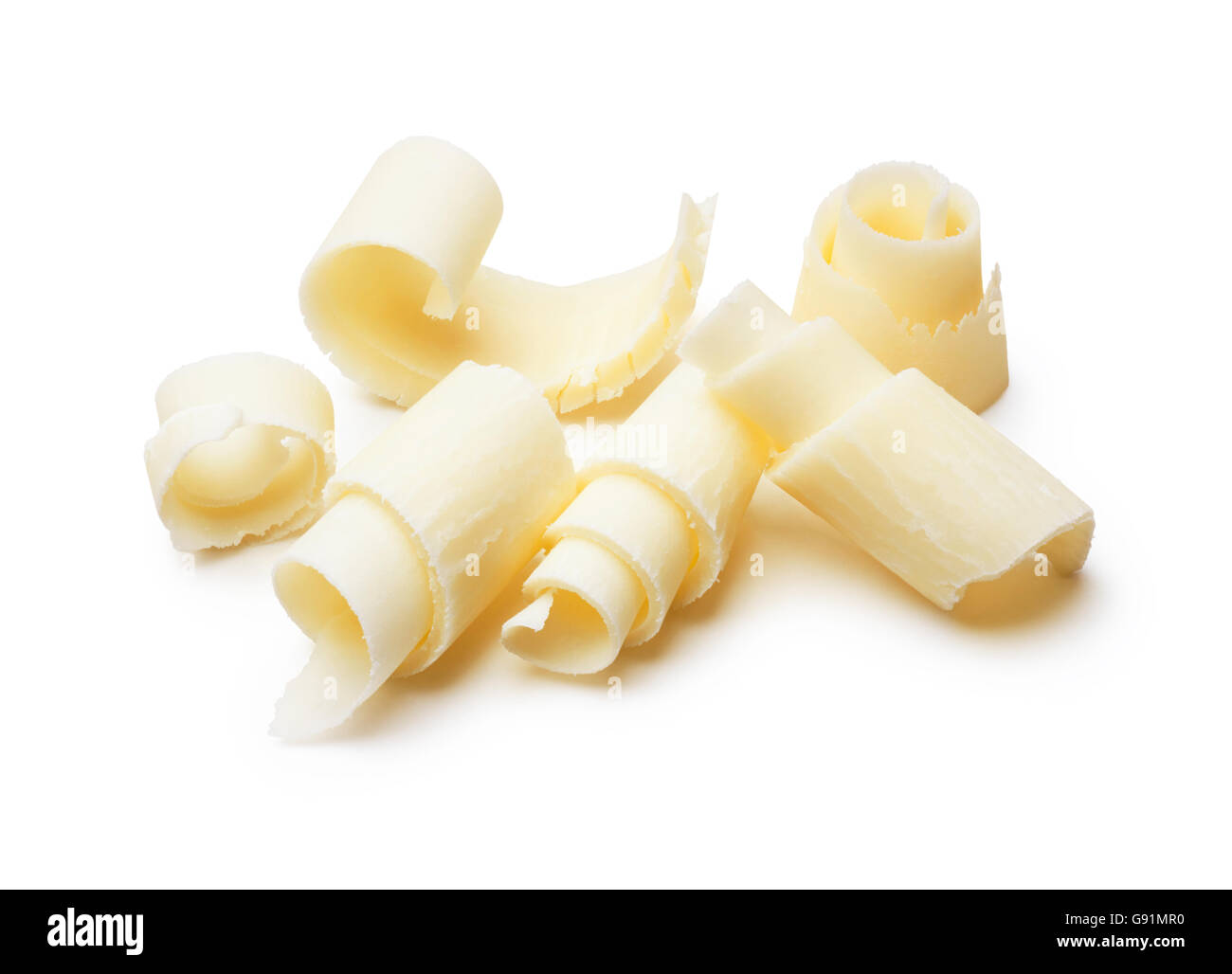 Gruppe von weißer Schokolade Späne isoliert auf weiss Stockfoto