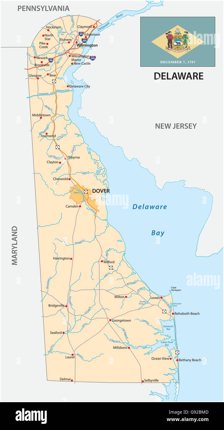 Straßenkarte von der US-Staat Delaware mit Flagge Stock Vektor