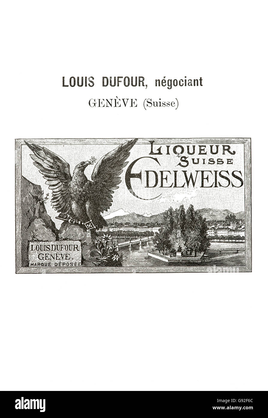 Historische Markenzeichen für Schweizer Edelweiss Likör vermarktet vom Genfer Händler Louis Dufour von 1894, Schweiz Stockfoto