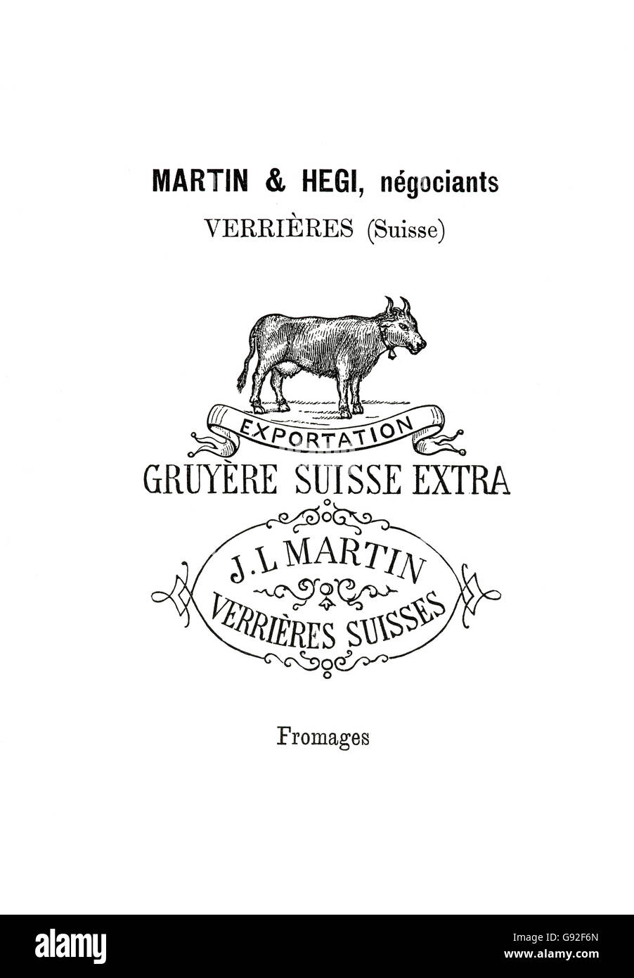 Historische Markenzeichen für Schweizer Gruyère-Käse aus dem Jahr 1896 Stockfoto