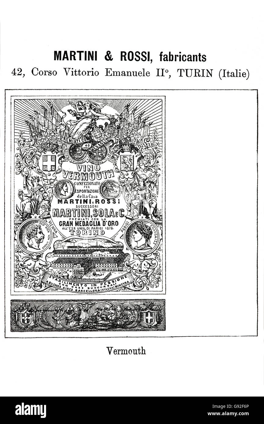 Historische Marke für Martini & Rossi Wermut aus dem Jahr 1896 Stockfoto