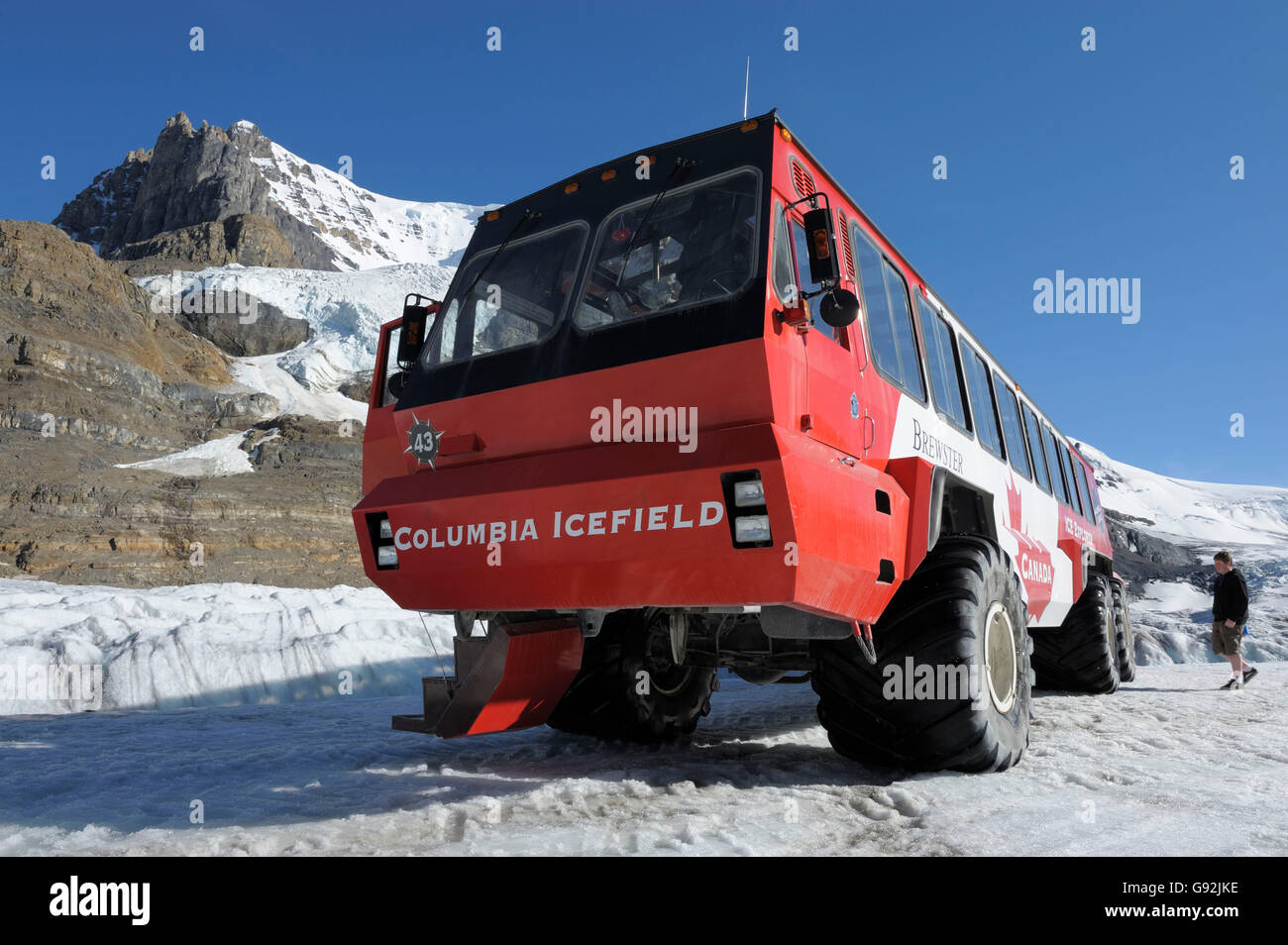 Tour-Bus von Brewster Transportation Company, Athabasca Gletscher, Columbia Icefield, Icefield Parkway, Jasper Nationalpark, Alberta, Kanada Stockfoto