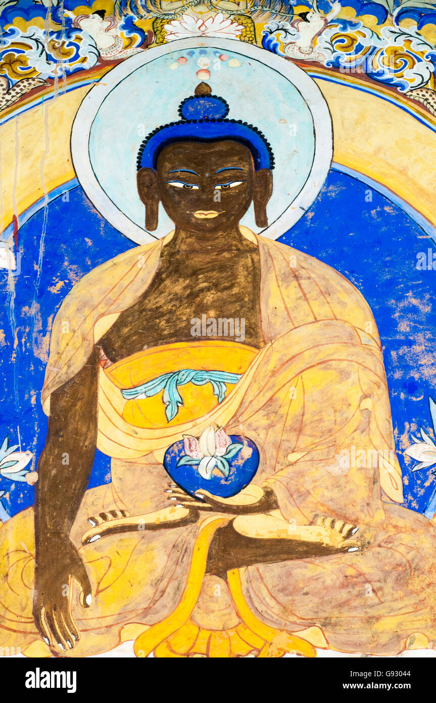 Wandbild der Boddhisattva in Thikse Gompa (buddhistisches Kloster) in Ladakh, Nordindien Stockfoto