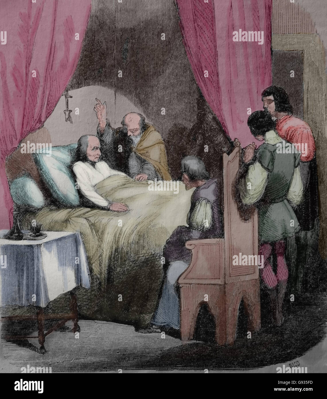 Christopher Columbus (1450-1506). Explorer und Navegator. Tod von Columbus. Kupferstich, 19. Jahrhundert. Farbe. Stockfoto