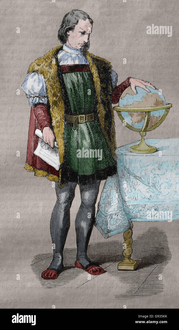 Christopher Columbus (1450-1506). Explorer und Navegator. Kupferstich, 19. Jahrhundert. Farbe. Stockfoto