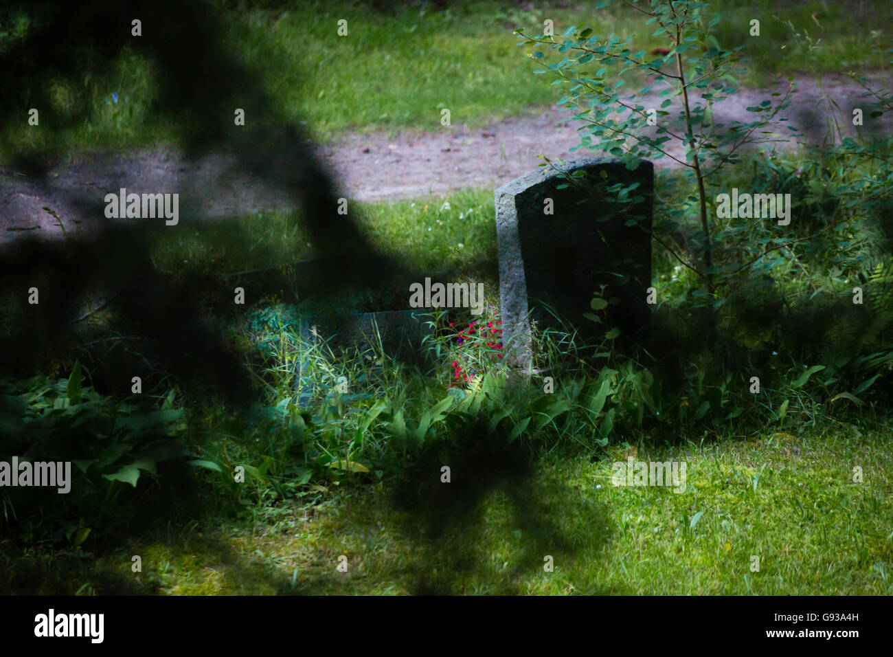 einzelner Stein Friedhof Stockfoto
