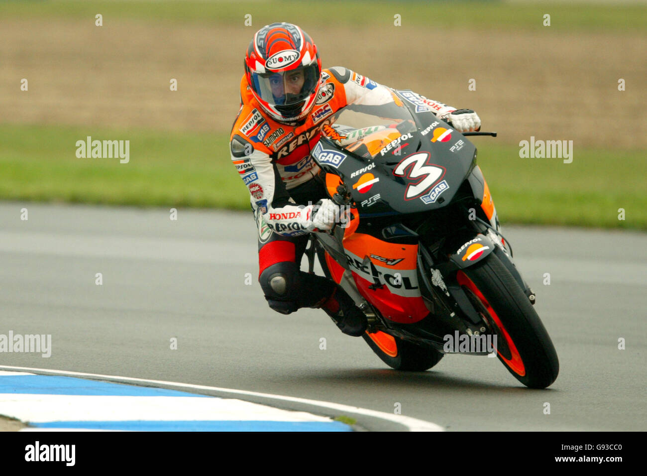 Motorradfahren - großer Preis von Großbritannien - Moto GP - Rennen - Donnington Park. Max Biaggi, Respol Honda Team Stockfoto