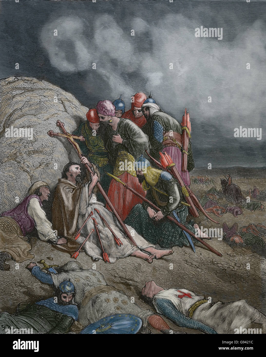Die Kreuzzüge von Gustave Dore. Konvertiten zu gewinnen. Kreuzritter Predigt auf einige Ungläubigen, in der Hoffnung, wandeln sie in der christlichen Stockfoto