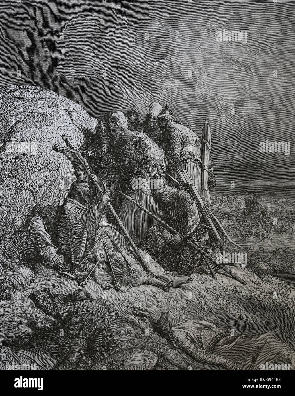 Die Kreuzzüge von Gustave Dore. Konvertiten zu gewinnen. Ein frommer Kreuzritter Predigt zu einigen Ungläubigen. Stockfoto