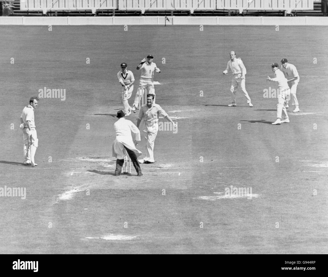 Cricket - The Ashes - Vierter Test - England gegen Australien - Old Trafford - Fünfter Tag. Der englische Jim Laker (c, neben dem Schiedsrichter) wendet sich an den Appell für das Dickicht des australischen Ian Craig (zweite l), den er lbw für 38 gefangen gehalten hatte Stockfoto