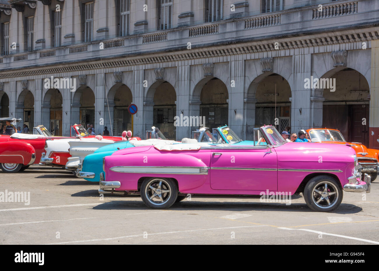 Havanna Kuba Habana zentrale bunte alte klassische 1950 die Autos auf dem Display in der Nähe von Kapital für die Vermietung von Touristen Kuba heute Stockfoto