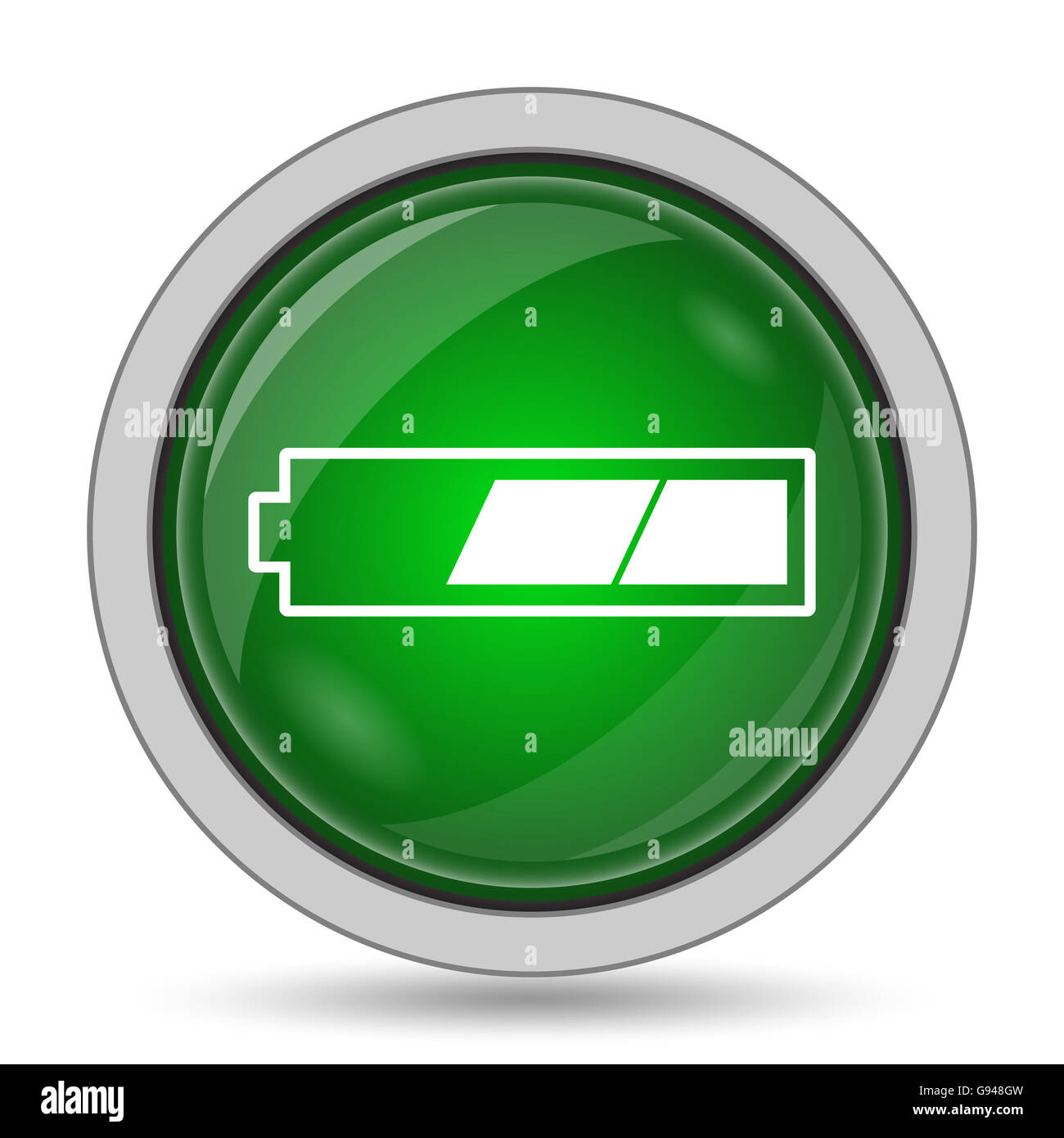 2 Drittel geladene Batteriesymbol. Internet-Button auf weißem Hintergrund. Stockfoto