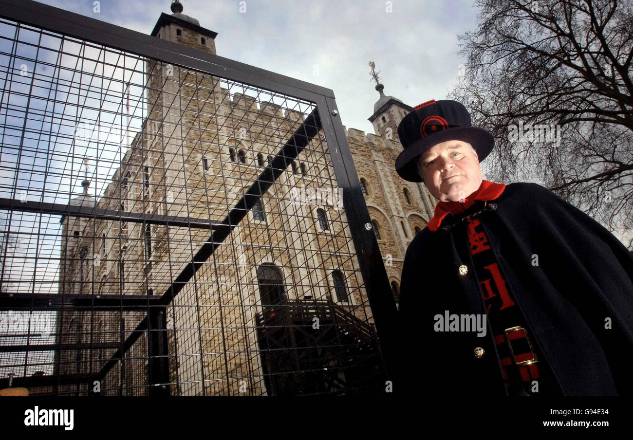 Derrick Coyle, der Rabenmeister im Tower of London, steht am Dienstag, den 21 2006. Februar, neben dem neuen Zuhause der berühmten Raben. Die Vögel wurden in Innenräumen untergebracht, um sie vor der Vogelgrippe zu schützen, ist es entstanden. Für die sechs Vögel in einem der Türme der Festung an der Themse wurden spezielle Volieren geschaffen, da sich die tödliche Krankheit in ganz Europa ausbreitet. Der Legende nach wird der Tower of London zusammenbrechen und das Königreich fallen, wenn alle Raben gehen. Siehe PA Story GESUNDHEIT BirdFlu Tower. DRÜCKEN Sie VERBANDSFOTO. Bildnachweis sollte lauten: Stefan Rousseau/PA Stockfoto