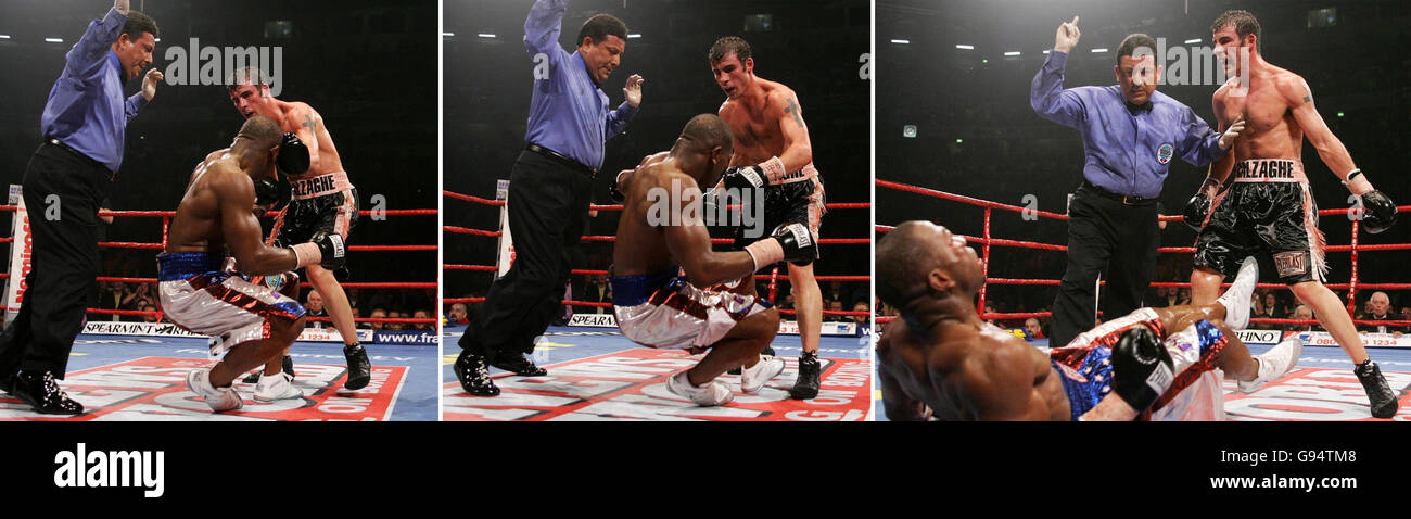 Kombinationsfotos von Joe Calzaghe als er Jeff Lacy bei einem 12. Runde Knockdown zuschaute, als er auf den Sieg einen Punktesieg in ihrer Welt Super-Mittelgewicht Titel Unification Kampf in der MEN Arena in Manchester geht, Samstag, 4. März 2006. DRÜCKEN Sie VERBANDSFOTO. Bildnachweis sollte lauten: Nick Potts/PA. Stockfoto