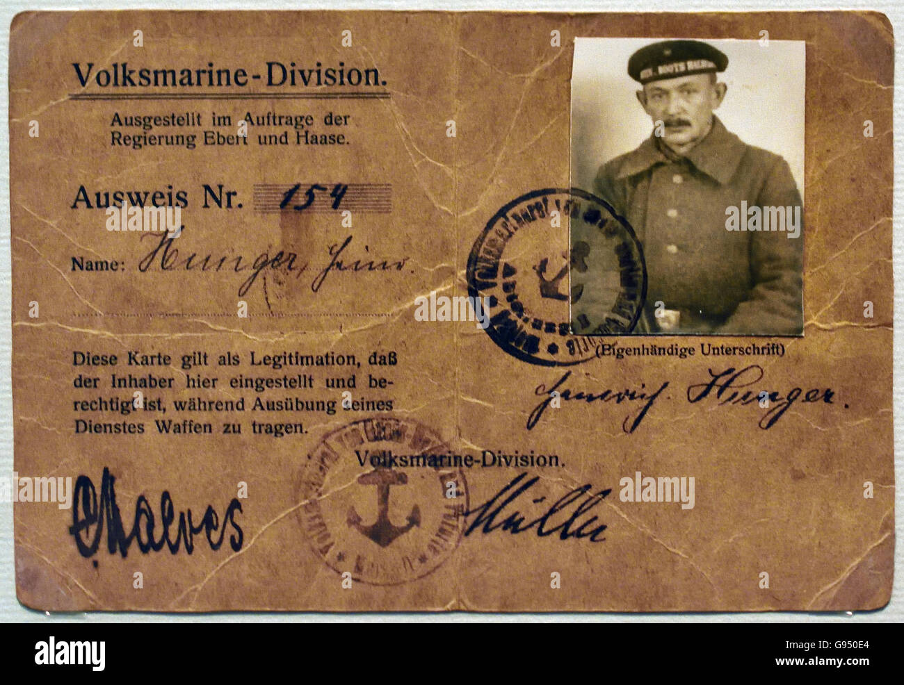 Ausweis-Volksmarine-Division 1918 Personalausweis eines Mitglieds der revolutionären Marine Division ersten Weltkrieg Deutschland Stockfoto