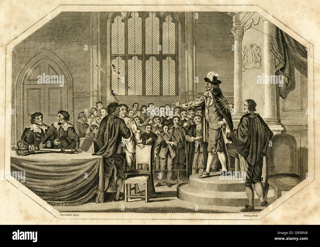 Antike 1803 Gravur, Charles ich richtet sich an Parlament und "anspruchsvolle Personen von den fünf Mitgliedern, die er des Verrats beschuldigt hatte" am 3. Januar 1642. QUELLE: ORIGINAL GRAVUR. Stockfoto