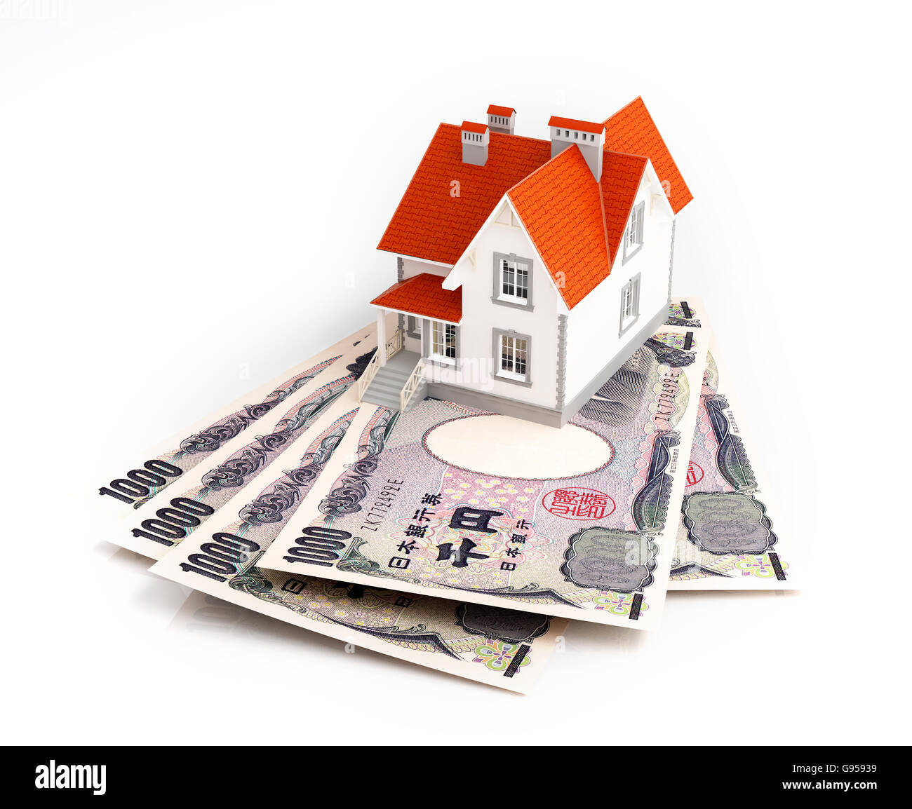 Japanische Yen-Banknoten unter Haus. Hypothek-Konzept. 3D gerenderte Darstellung. Stockfoto