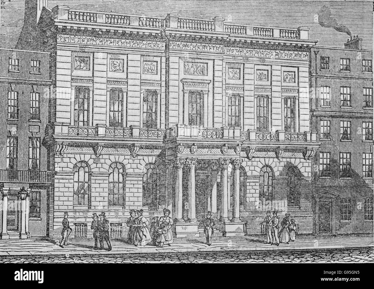 Oxford und Cambridge University Club House, ab Mitte des 19. Jahrhunderts Gravur. Jetzt bekannt als die Oxford und Cambridge Club, eine Private Member Cub auf 71 Pall Mall, London. Stockfoto