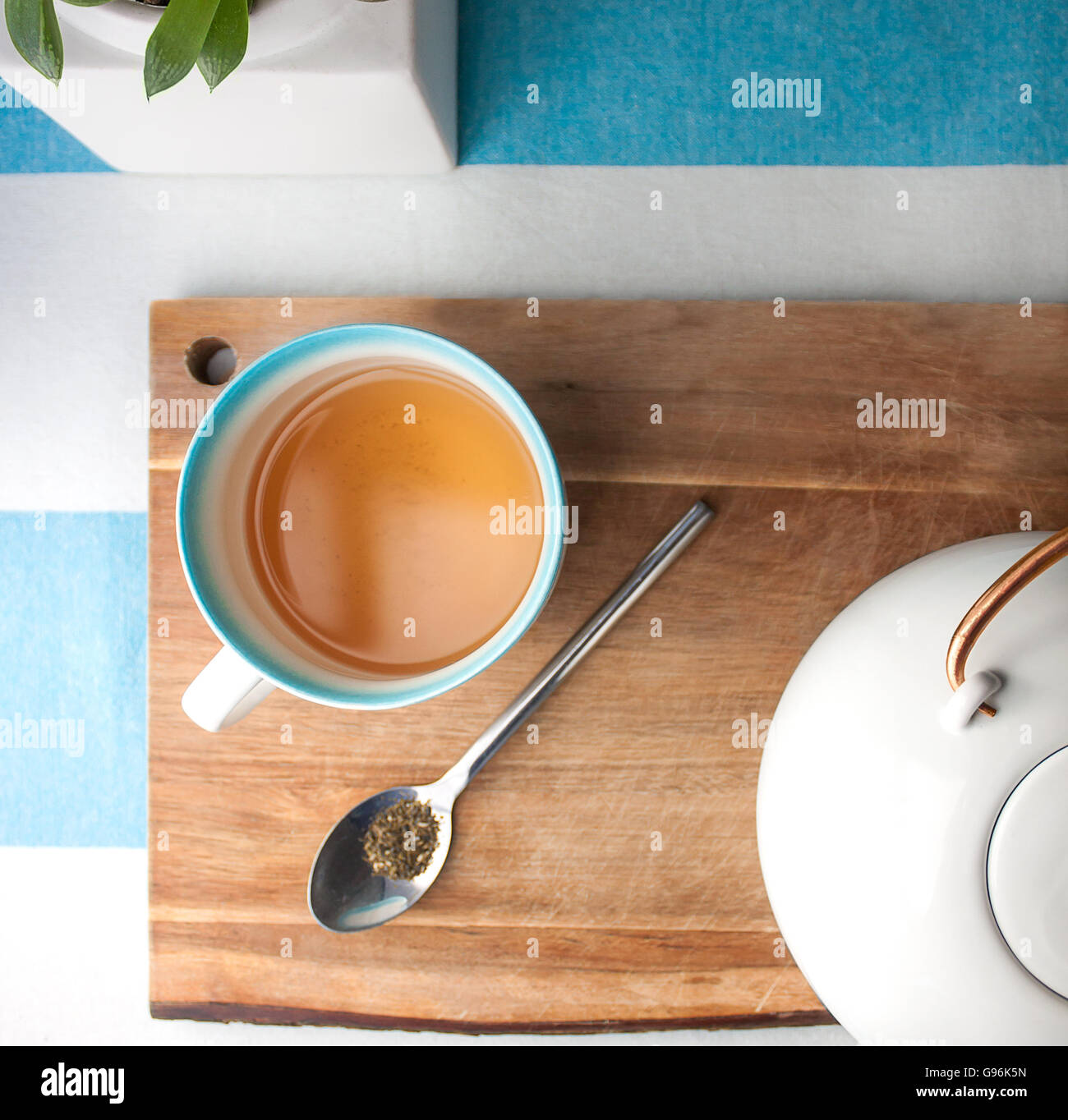 Stylish Grüner Tee und Teekanne Flatlay für Menü, Soziales, Promo-Kampagne, Business Promotion Gesunder Lebensstil, Styled Shoot Stockfoto