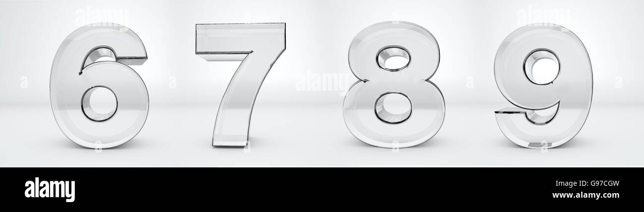 Transparente Glasnummern 6, 7, 8, 9 3D-Rendering, Stockfoto