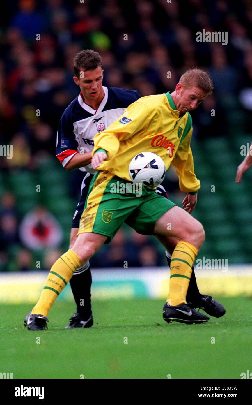 Fußball - Nationwide League Division One - Norwich City / Bolton Wanderers. Iwan Roberts von Norwich City (rechts) schützt den Ball vor Gudni Bergsson von Bolton Wanderers (links) Stockfoto