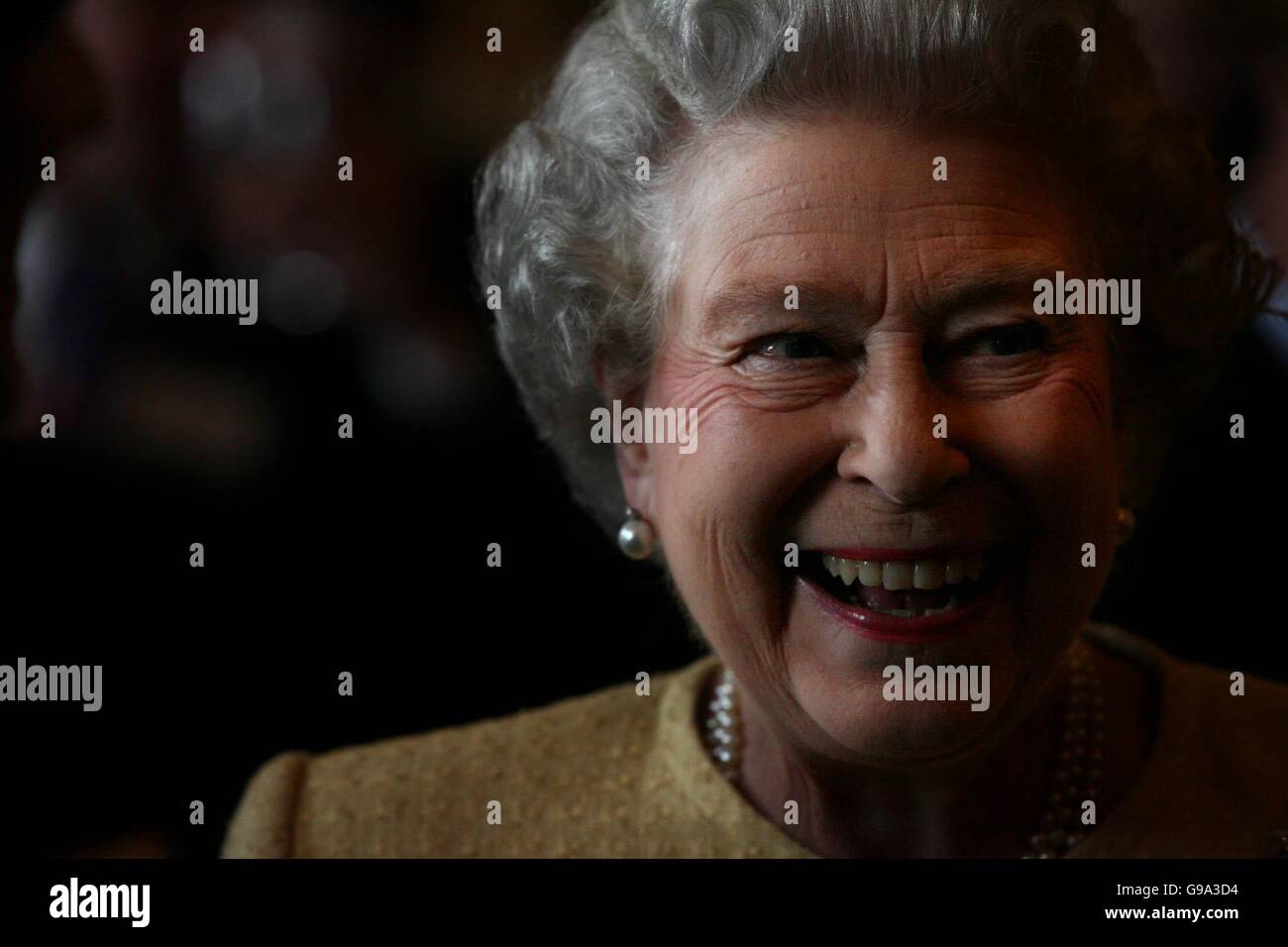 Die Queen chattet am Dienstag, den 21. Februar 2006, während einer Rezeption für „prominente Australier“ im Buckingham Palace im Zentrum von London mit den Gästen. Der Empfang fand im Vorfeld des Besuchs Ihrer Majestät in Australien für die Commonwealth Games statt. Stockfoto