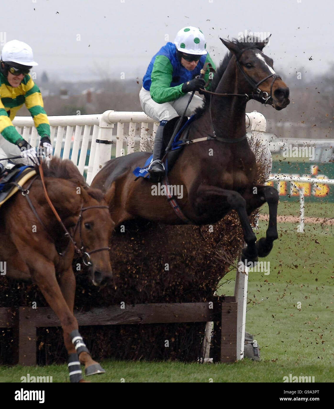 Celestial Gold und Jockey Timmy Murphy (R) fordern den zweitletzten Platz vor dem Gewinn des Betfair Bowl Chase am ersten Tag des Grand National Meeting auf der Aintree Rennbahn, Donnerstag, 6. April 2006. Stockfoto