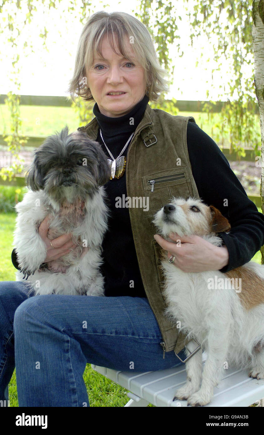 HÖFE Grab. Janet Palmer, die Tochter von Gladys Hammond mit ihren Hunden Chezzy und Polly in ihrem Zuhause in Staffordshire. Stockfoto