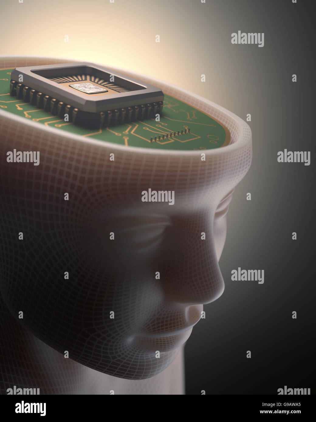 Mikrochip anstelle des menschlichen Gehirns. Konzept von Wissenschaft und Technik. Stockfoto
