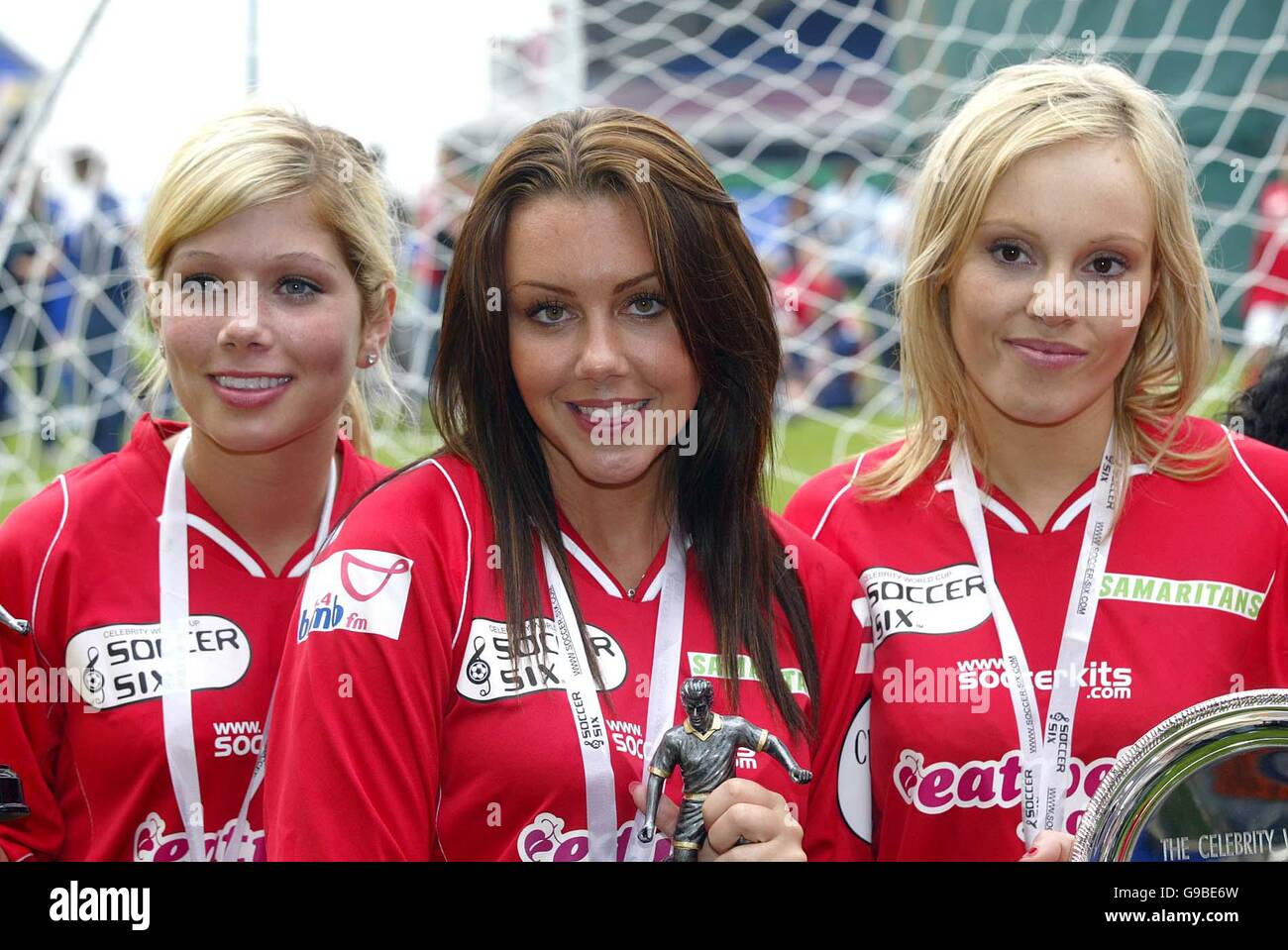 Nikki Sanderson, Michelle Heaton und Michelle vom Lehrling während der Soccer Six Finals im St. Andrews Football Stadium in Birmingham City Stockfoto