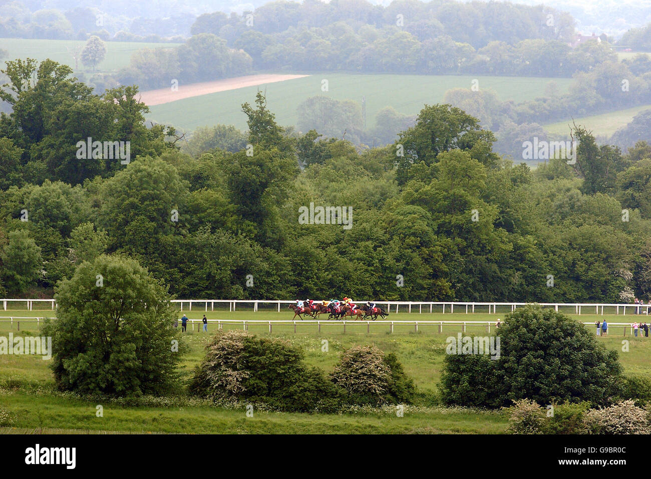 Pferderennen - Vodafone Ladies Day - Epsom Downs Racecourse. Ein allgemeiner Blick auf die Aktion am Ladies Day in Epsom Downs Stockfoto