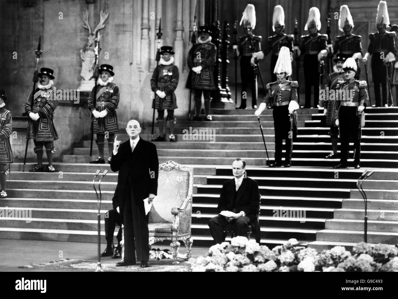 Präsident De Gaulle befasst sich mit britisches Parlament Stockfoto