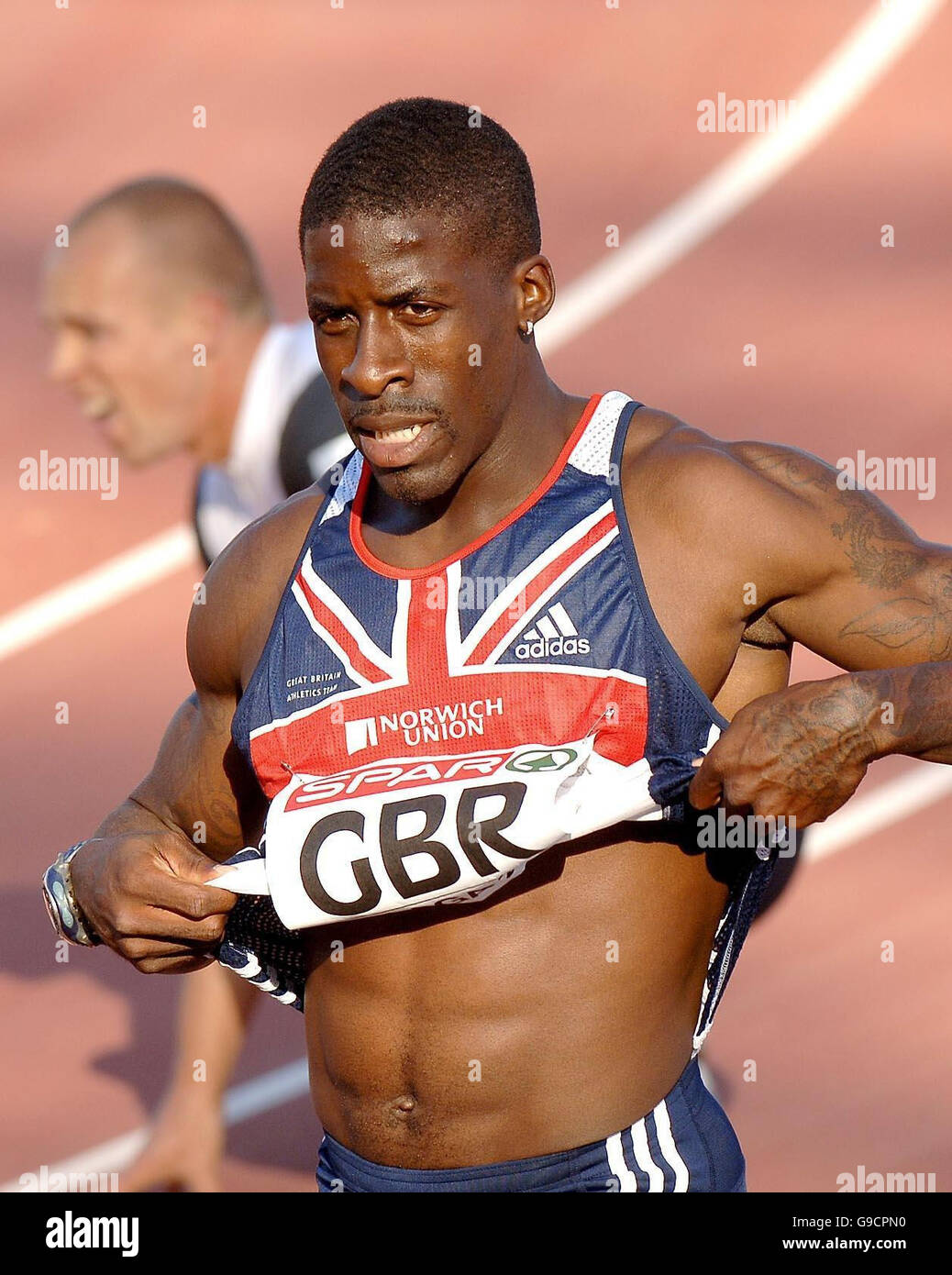 Großbritannien Dwain Chambers nach dem zweiten Platz in den Herren 100m während der Spar European Cup in Malaga, Spanien. Stockfoto