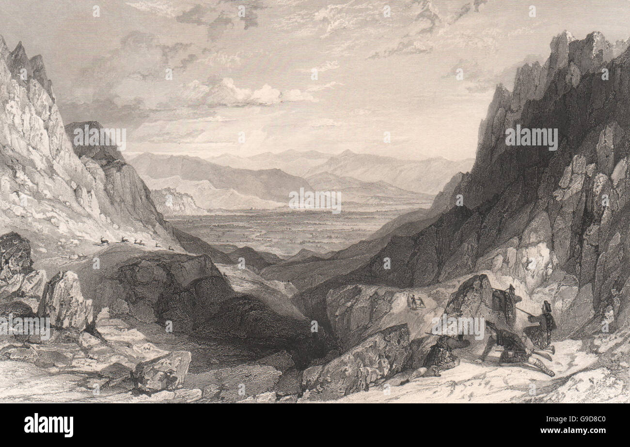 Der Pass CairnGorm, in Richtung Aviemore. Inverness-Shire. Schottland. ALLOM, 1838 Stockfoto