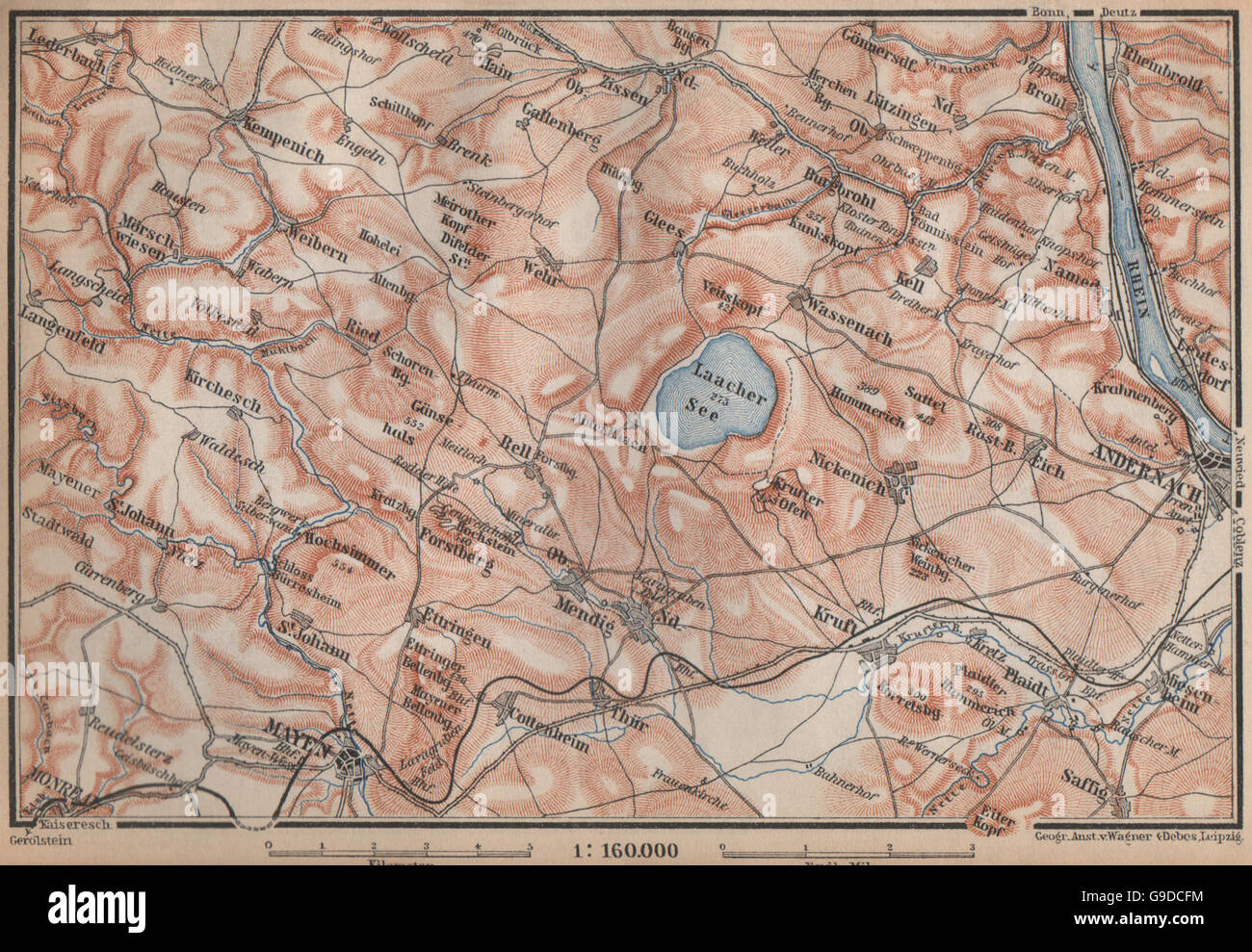 LAACHER SEE. Vulkaneifel Topo-Karte Andernach Mayen Rheinland-Pfalz, 1896 Stockfoto