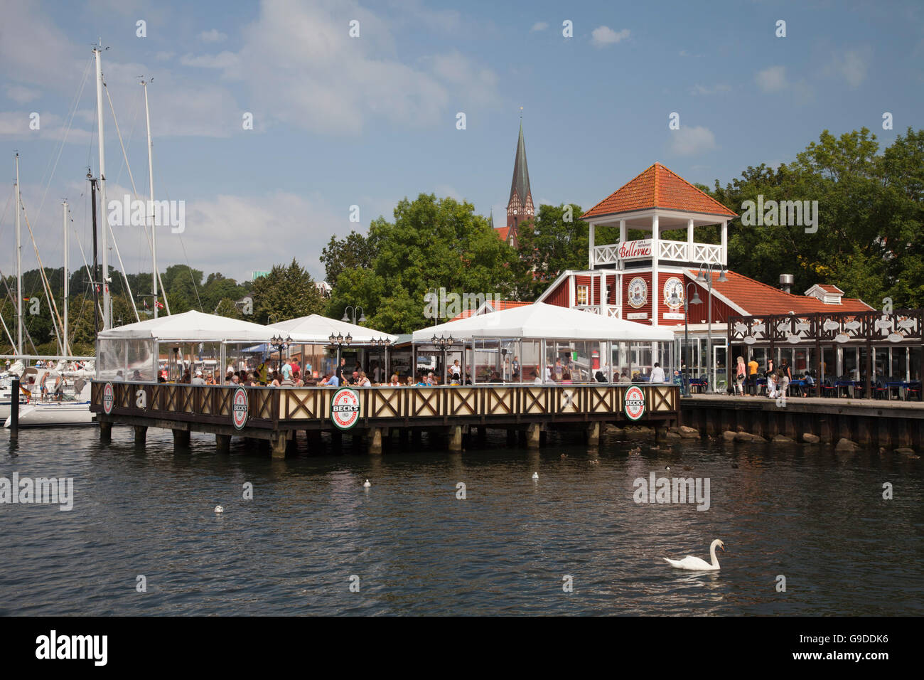 Cafe und Restaurant Bellevue, port, Flensburg, Flensburg Fjord, Schleswig-Holstein, PublicGround Stockfoto