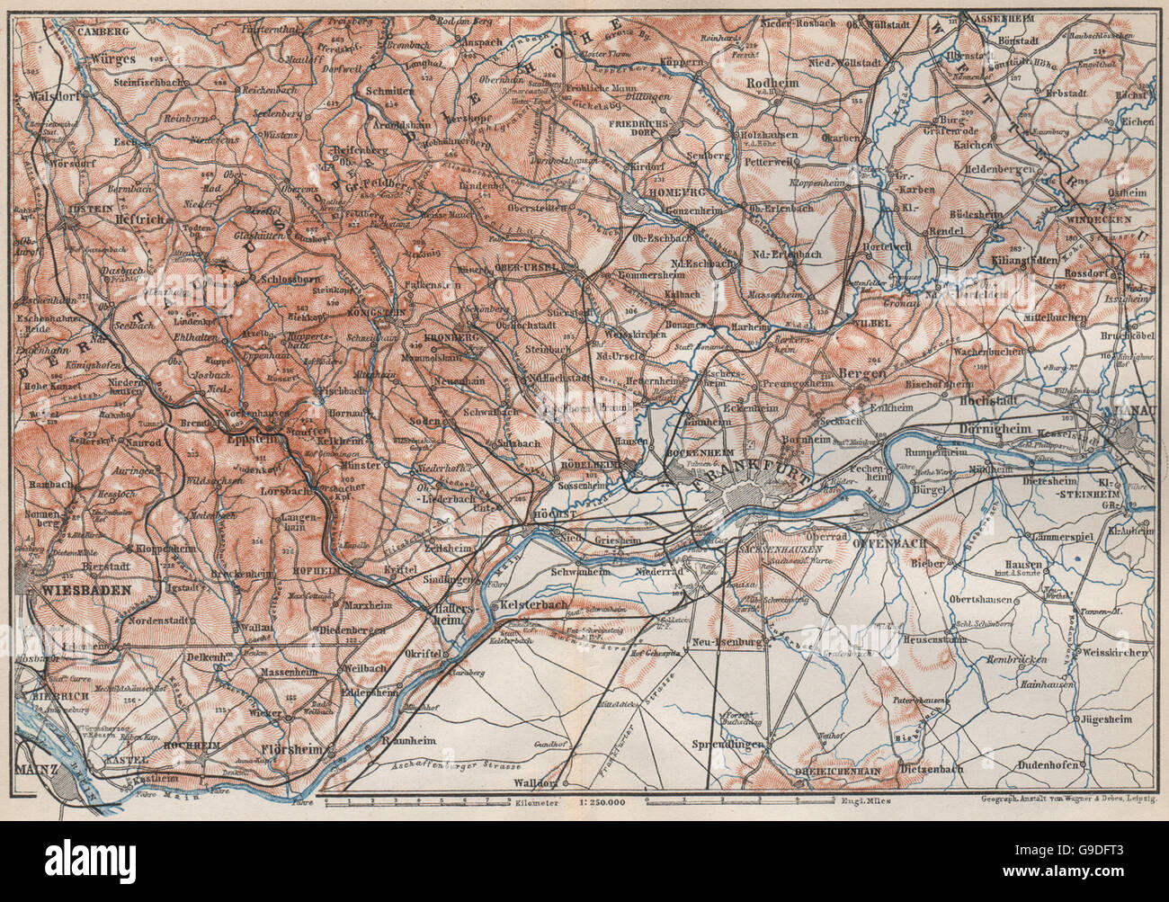TAUNUS-Berge. Wiesbaden-Frankfurt Am Main-Hanau. Deutschland Karte, 1889-Karte Stockfoto