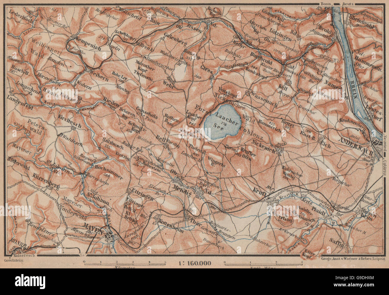 LAACHER SEE. Vulkaneifel Topo-Karte Andernach Mayen Rheinland-Pfalz, 1903 Stockfoto