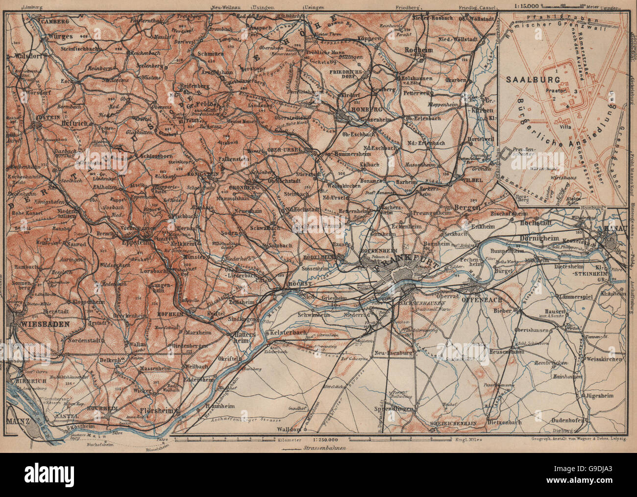 TAUNUS-Berge. Wiesbaden-Frankfurt Am Main-Hanau. Deutschland Karte, Karte von 1903 Stockfoto