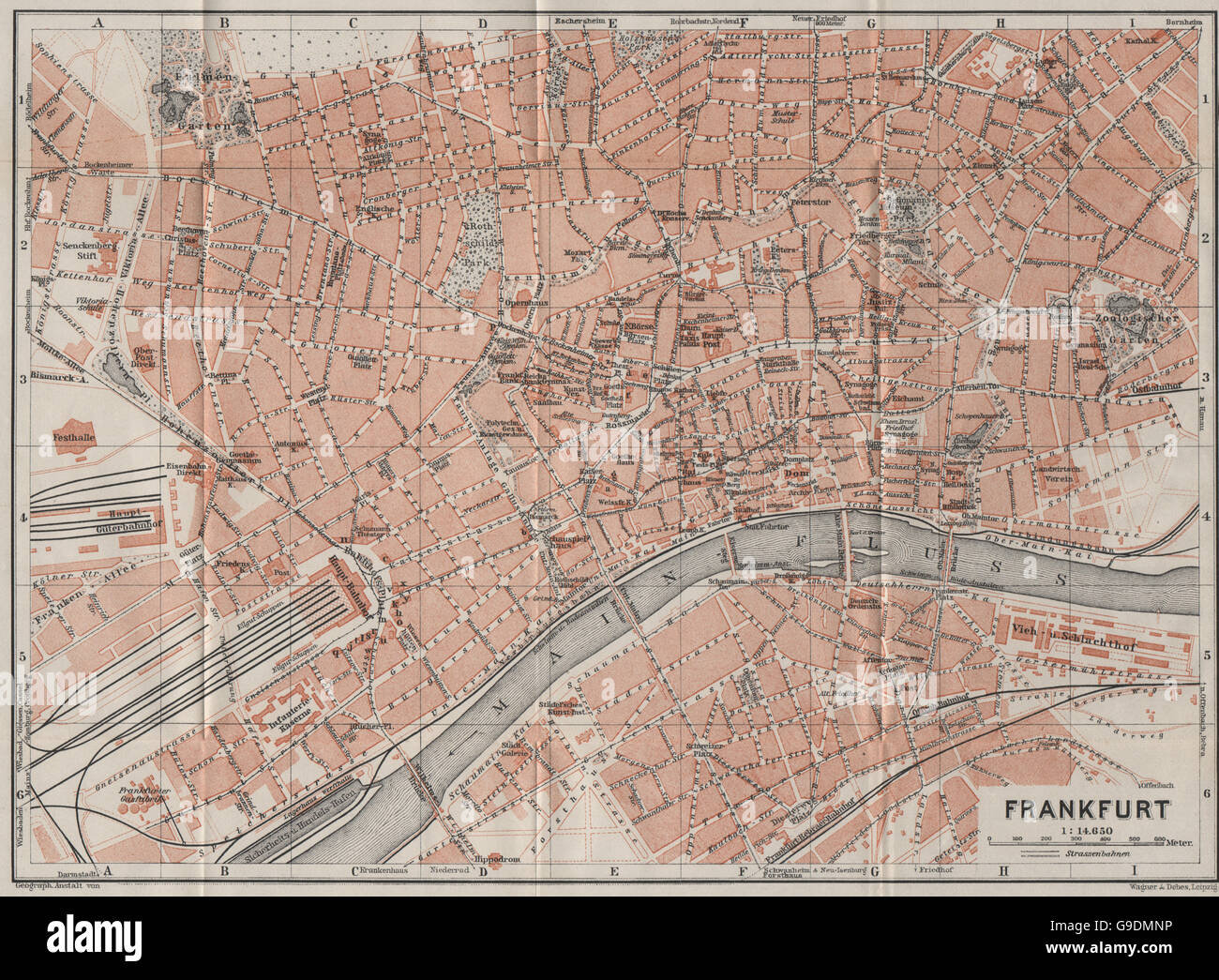 FRANKFURT AM MAIN antiken Stadt Stadt attraktivem. Hessen Karte. BAEDEKER, 1906-Karte Stockfoto