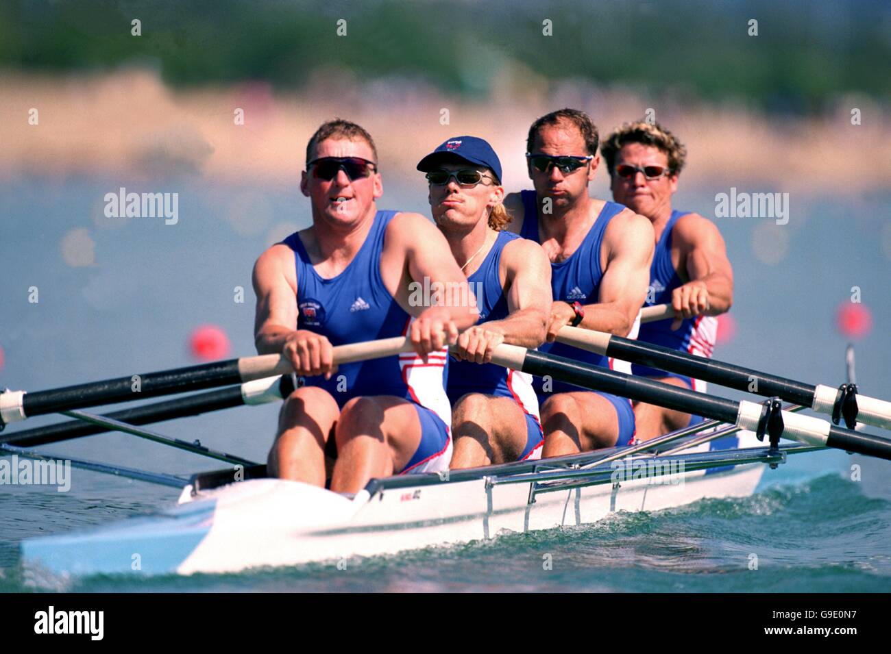 Die Großbritannien koxlosen vier in Aktion (l-r) Matthew Pinsent, Tim Foster, Steven Redgrave und James Cracknell, in Aktion in ihrem ersten Heat Stockfoto