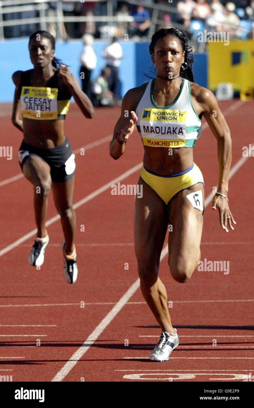 Joice Maduaka gewinnt das 100 Meter Finale der Damen während der Norwich Union European Trials und AAA Championships in Manchester. Stockfoto