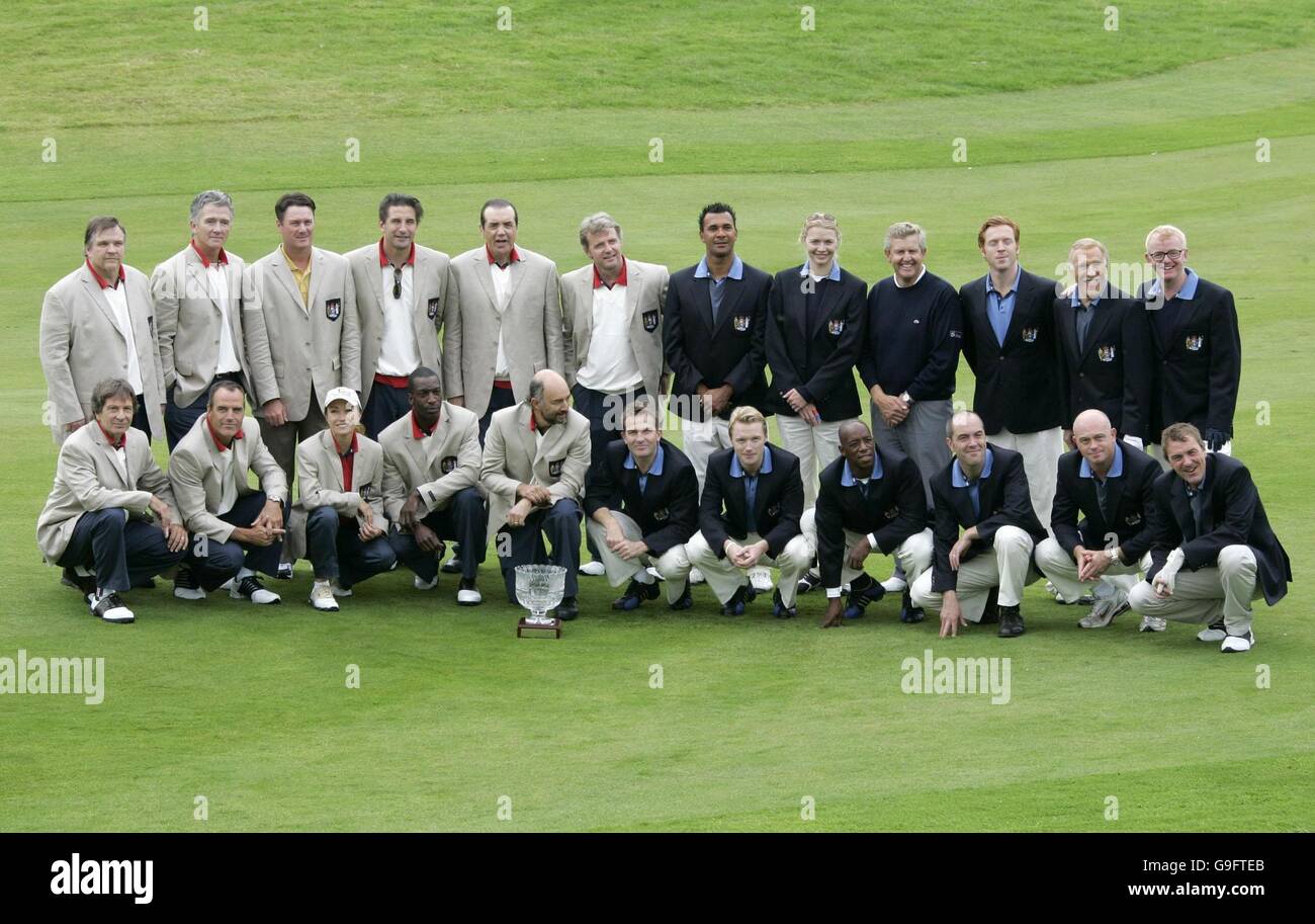 Team USA (links) und Team Europe Line-up vor Northern Rock All Star Cup im Celtic Manor Resort, The Usk Valley, South Wales. Stockfoto
