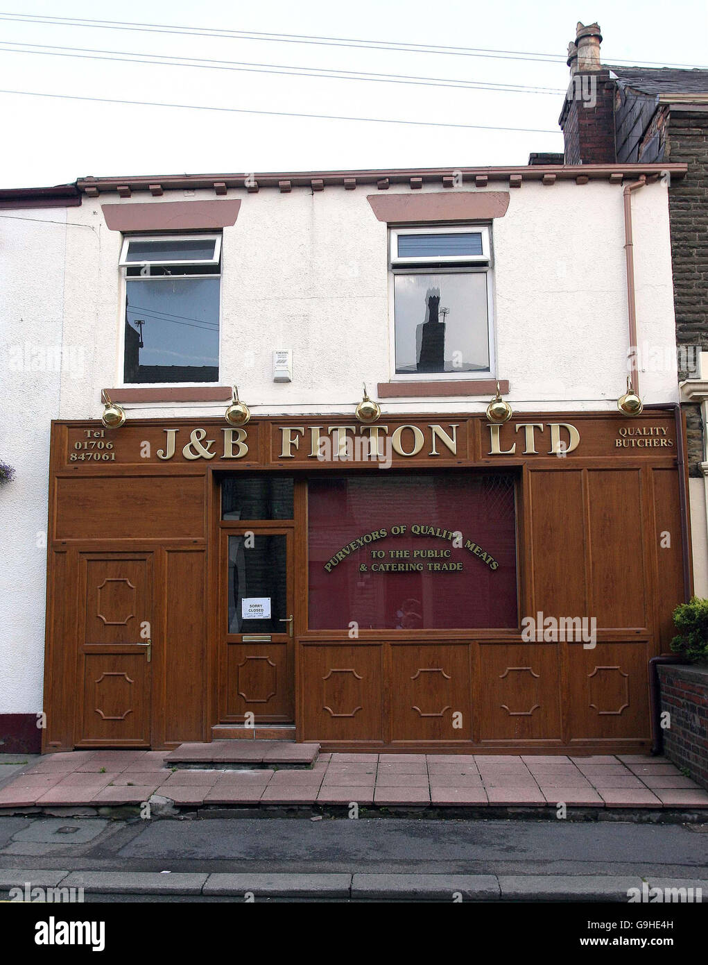 Metzger J&B Fitton Ltd in Shaw, Greater Manchester, wo ein 15-jähriger Junge seinen Arm verlor, nachdem er in einem Fleischer gefangen war. Stockfoto