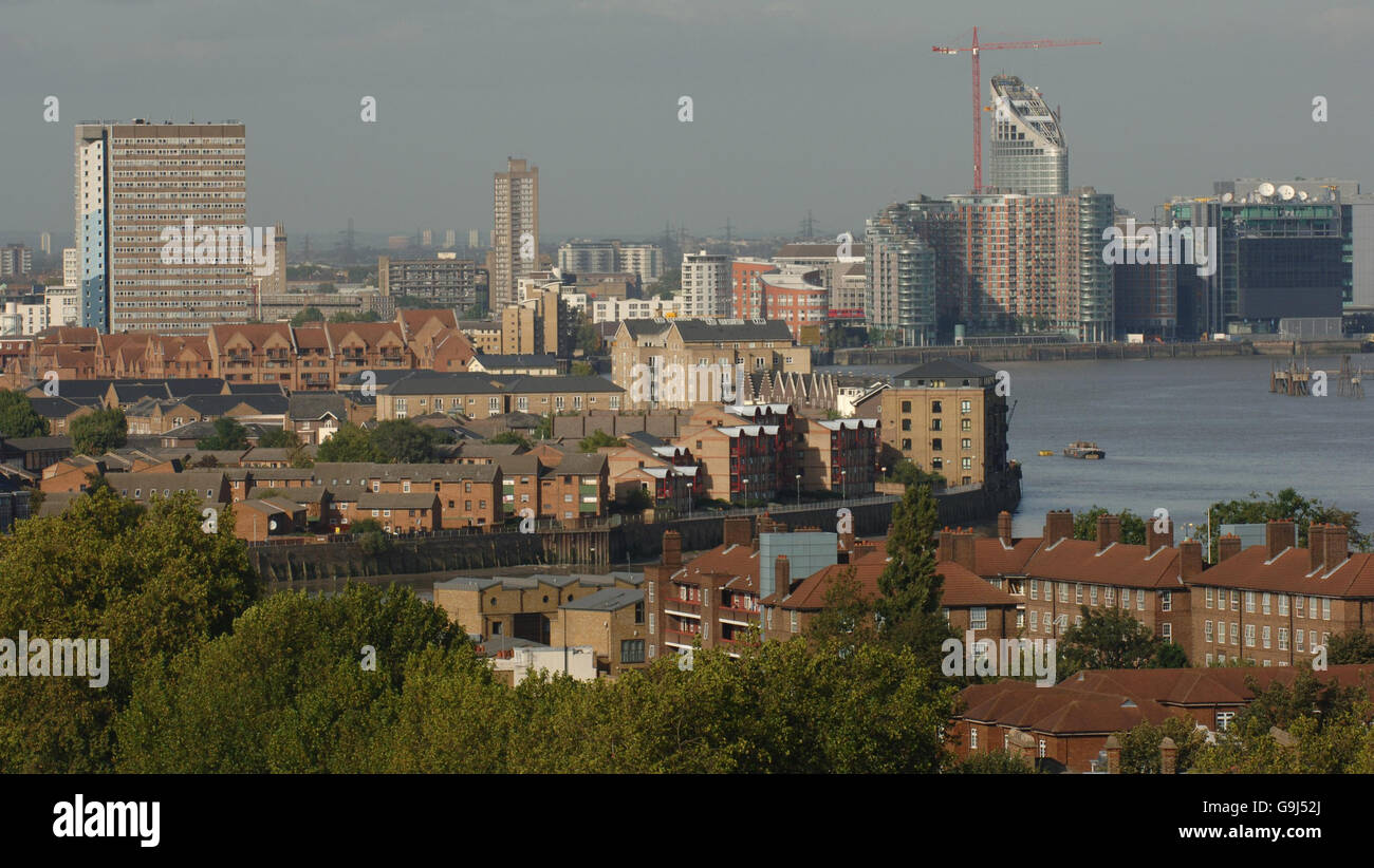 Gesamtansicht der Docklands von Greenwich.. Allgemeine Ansicht der Docklands von Greenwich. Stockfoto